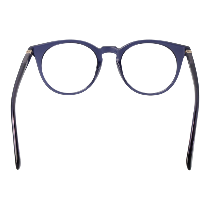 Transparent dark-blue round eyeglasses with metallic temple accents, plastic frame, modern Women’s optical style