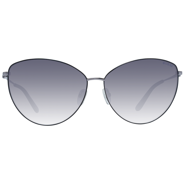 Gray gradient cat-eye sunglasses with thin metal frame and adjustable nose pads, angled view on white background