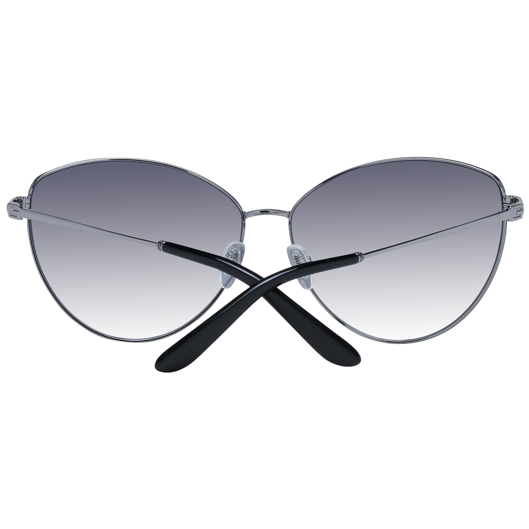 Gray gradient cat-eye sunglasses with thin metal frame and adjustable nose pads, angled view on white background