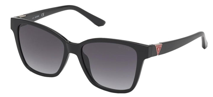Black rectangular sunglasses with gradient lenses, GUESS logo on temples, red-accented leather case and cleaning cloth