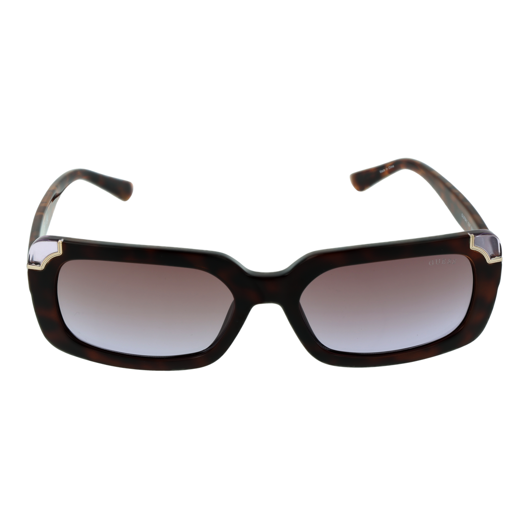 Tortoise brown oversized square sunglasses with gradient lenses and gold corner accents, signature G on temples
