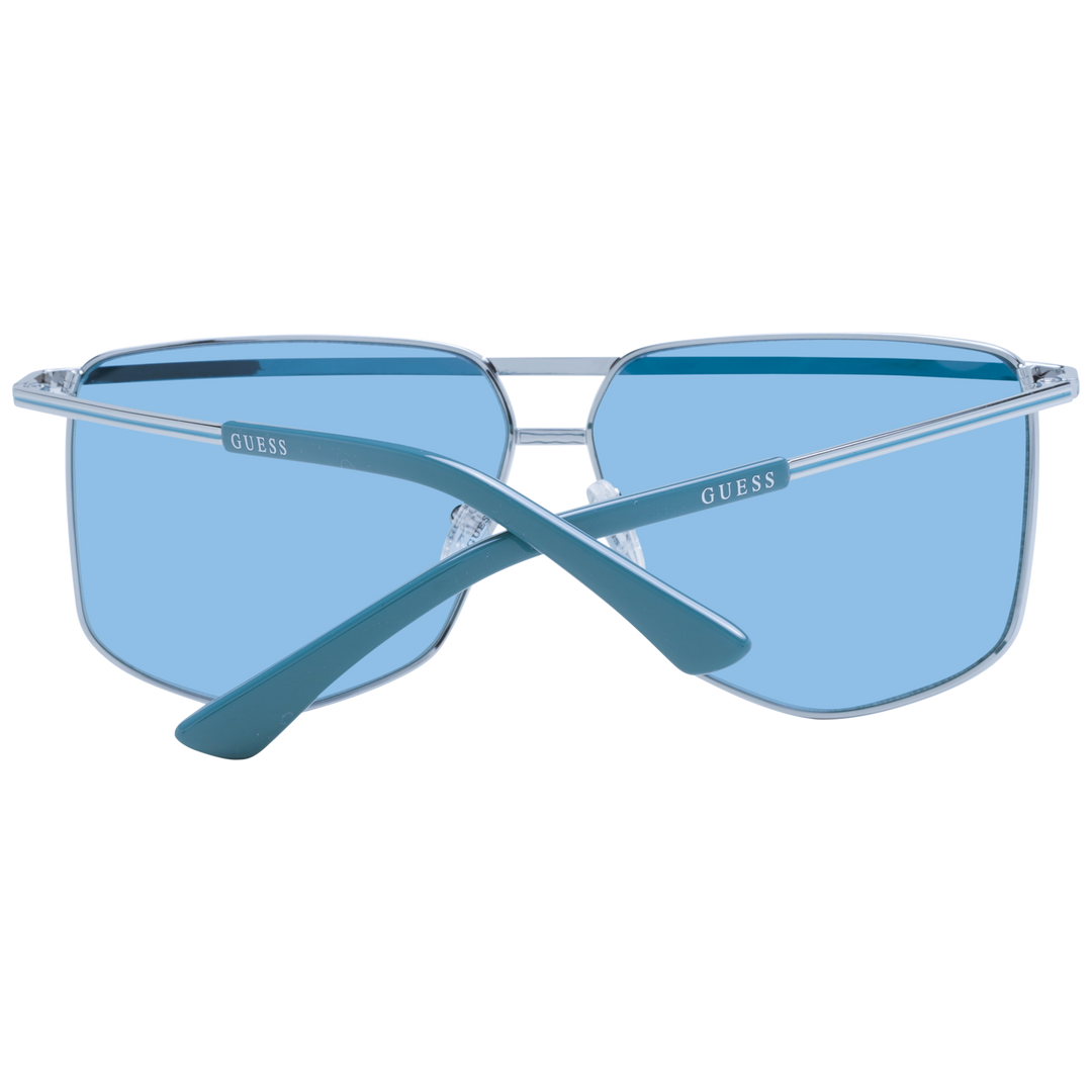 Light blue metal aviator sunglasses with square lenses, double bridge and adjustable nose pads on white background