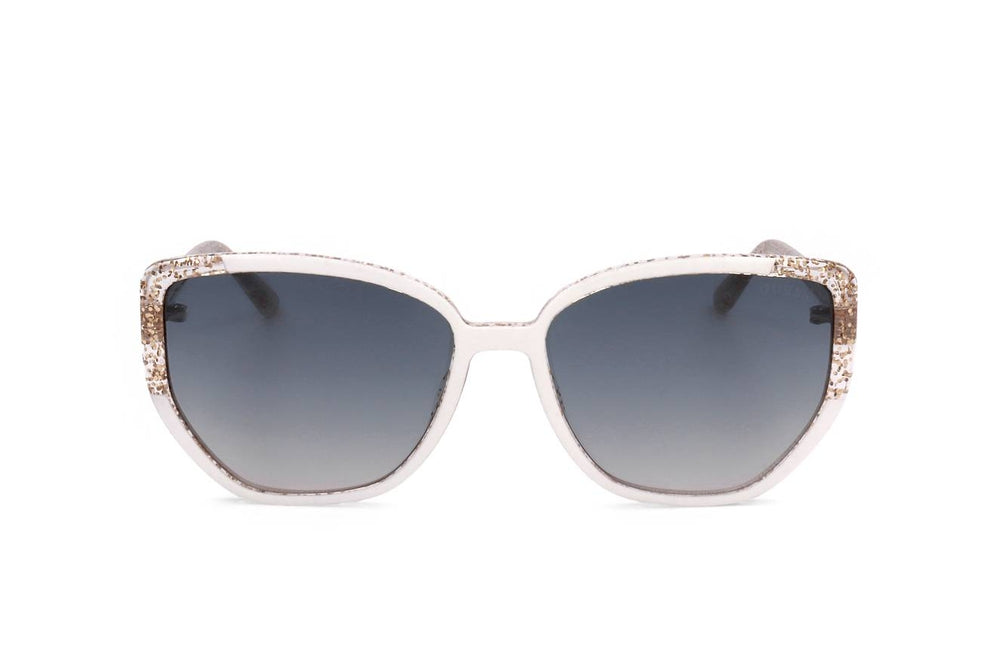 White cat-eye sunglasses with gold flecks and gradient dark lenses on neutral background