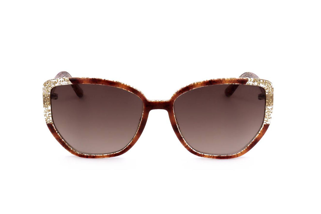 Brown and gold glitter cat-eye sunglasses with gradient lenses on white background, fashionable Women’s accessory