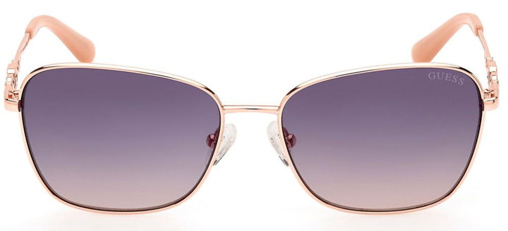 Rose-gold square sunglasses with purple gradient lenses and peach temple tips, metal frame and decorative G on temples
