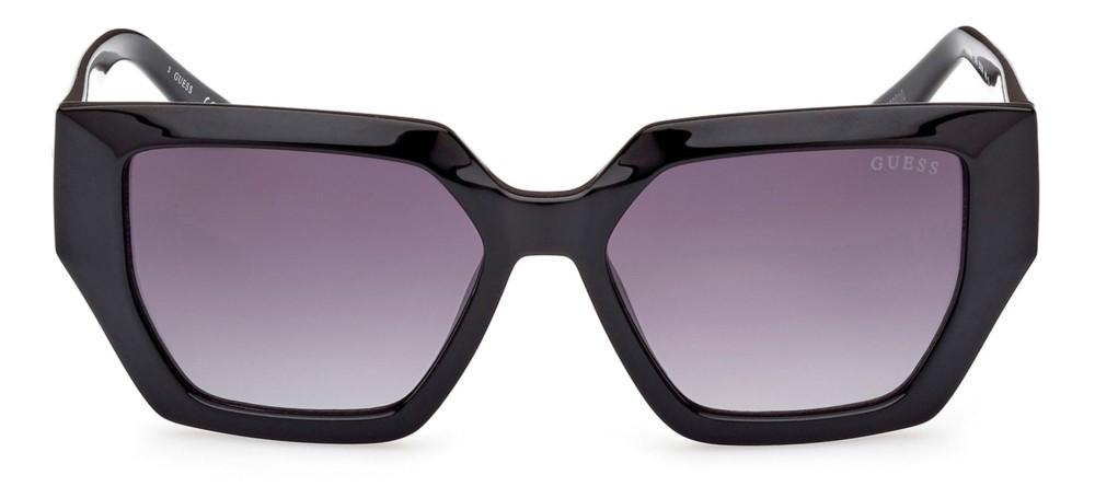 Black geometric oversized sunglasses with thick angular frame and gradient purple lenses, brand logo on lens and temples
