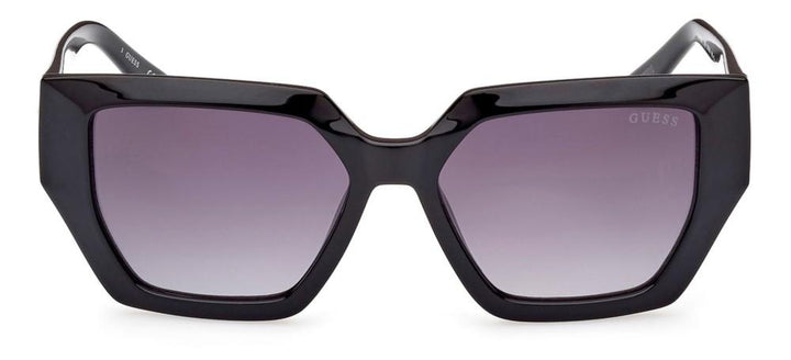 Black geometric oversized sunglasses with thick angular frame and gradient purple lenses, brand logo on lens and temples