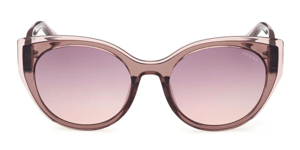 Pinkish purple retro cat-eye sunglasses on white background with gradient lenses and 'G' logos on temples
