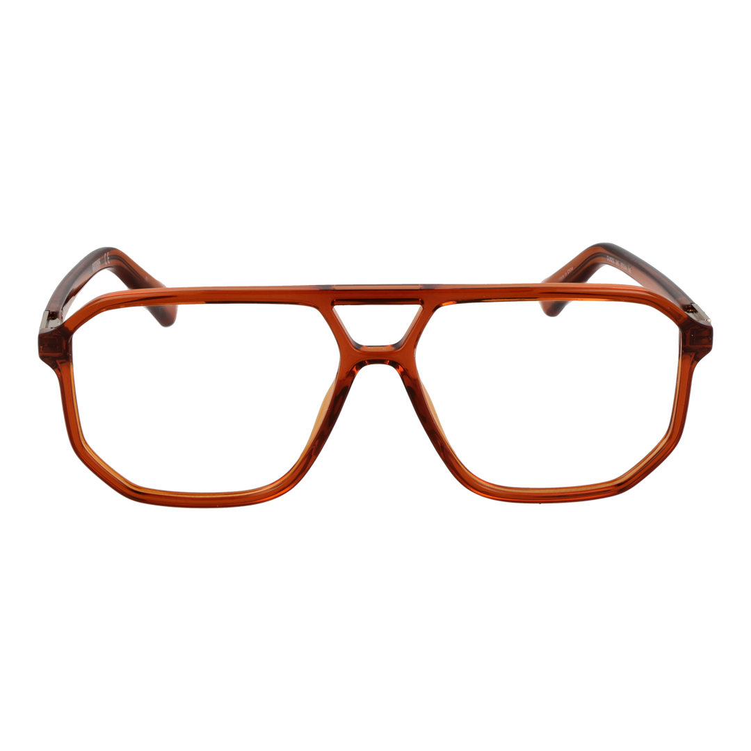 Unisex transparent brown full-rim eyeglasses with metallic temples and double bridge, retro-inspired design
