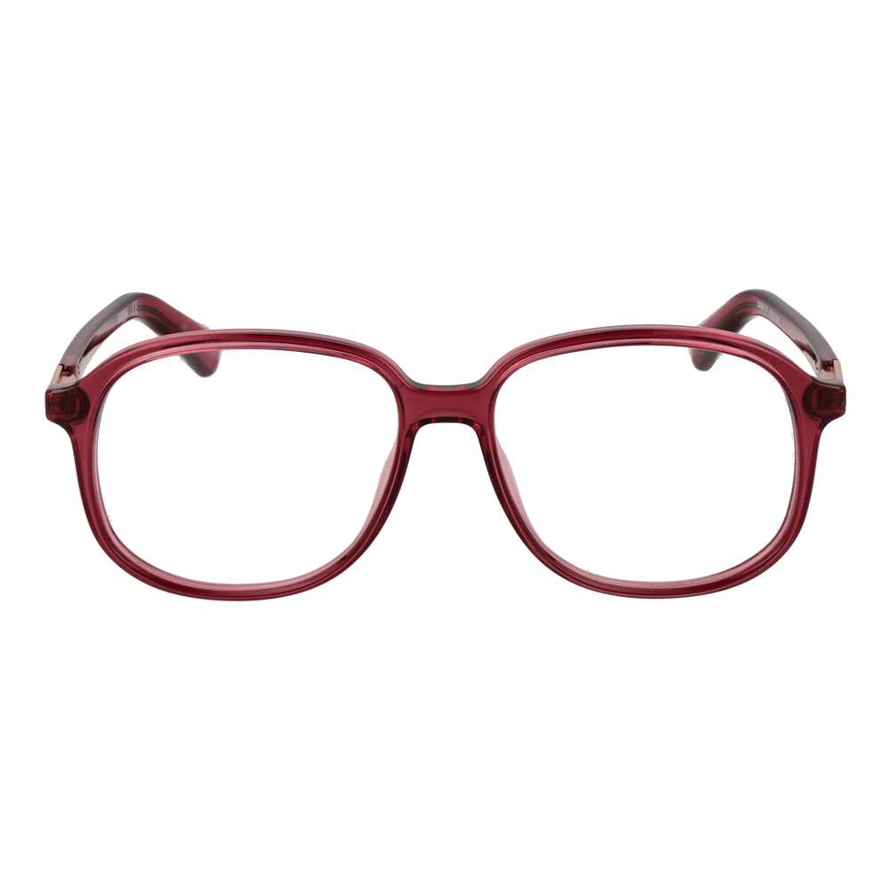 Dark red plastic square eyeglasses with transparent edges and gold hinge detail on temple