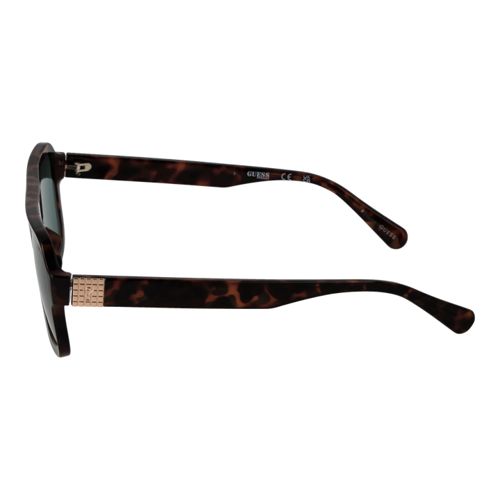 Unisex tortoiseshell square sunglasses with double bridge, gold temple accents and green lenses