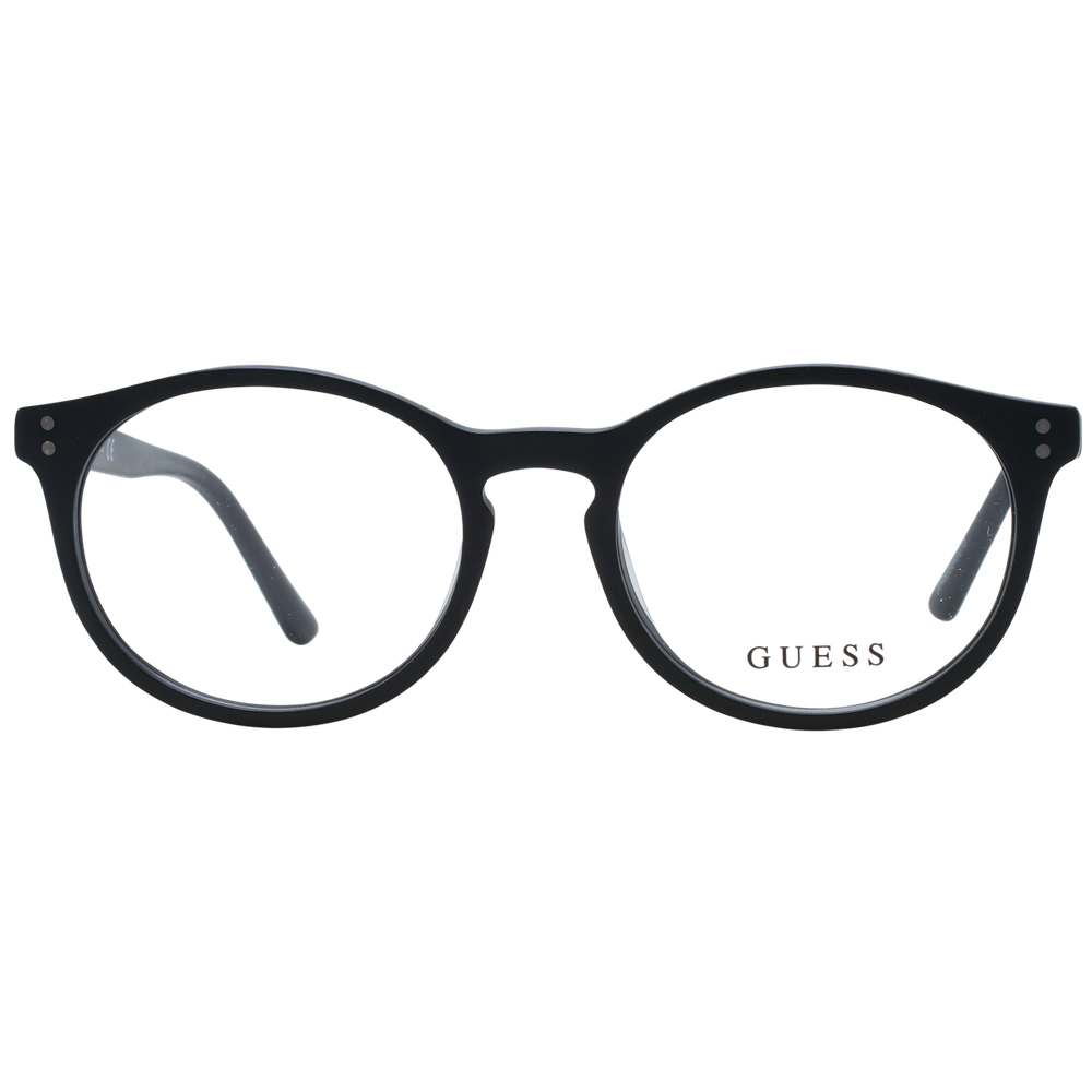 Unisex black round plastic eyeglasses with subtle metal dot accents near the hinges, front three-quarter view