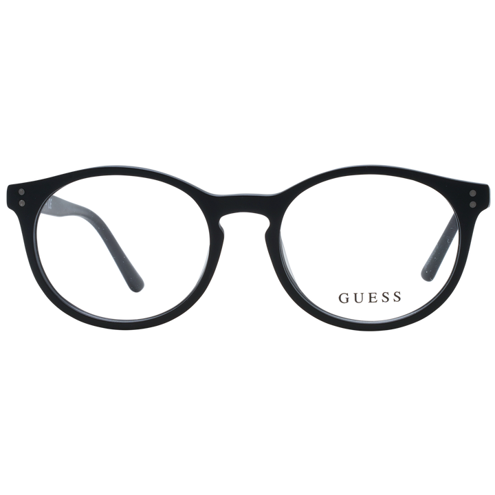 Unisex black round plastic eyeglasses with subtle metal dot accents near the hinges, front three-quarter view