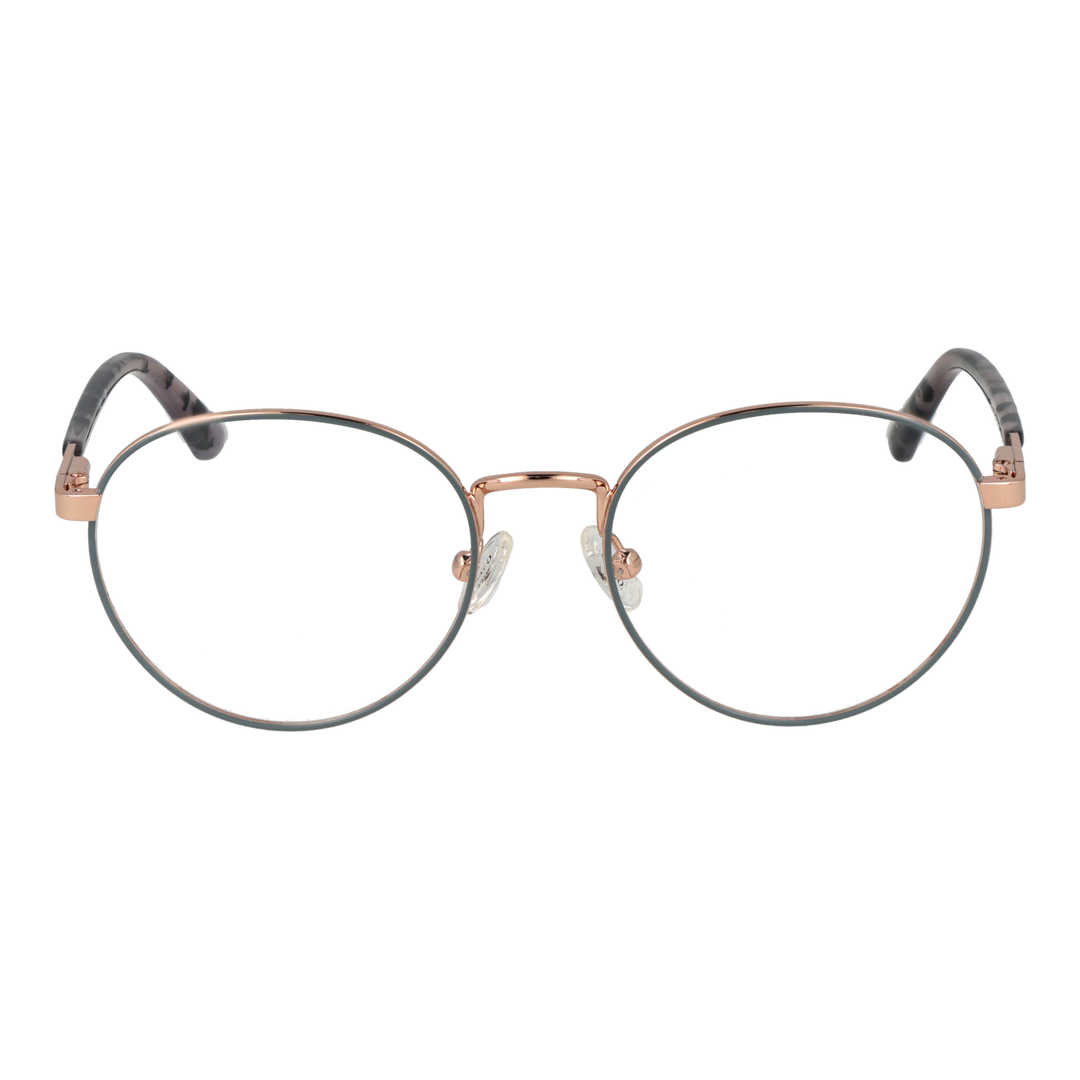Rose gold thin metal round eyeglasses with tortoiseshell temple tips on neutral background