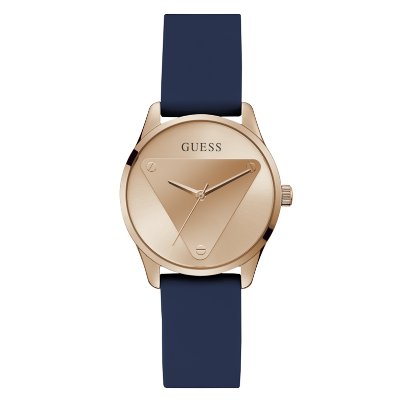 Guess rose gold wristwatch with navy silicone strap and rose gold mineral dial, front-facing on white background