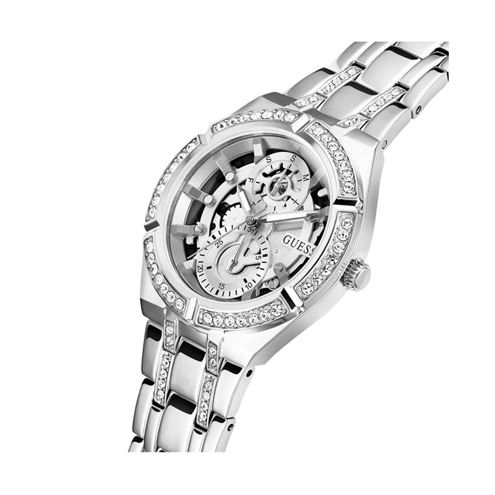 Silver stainless steel wristwatch with crystal-set bezel and bracelet on mineral dial, 36 mm case for Man