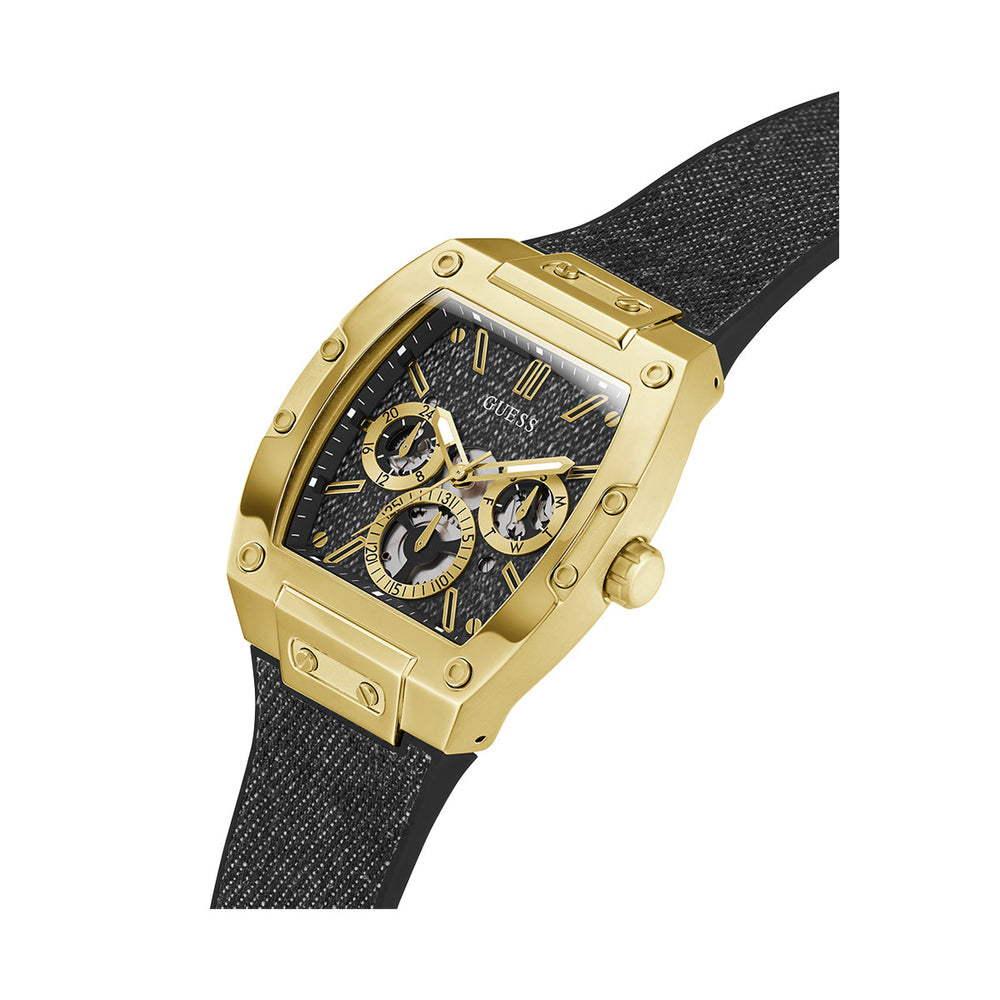Gold and black chronograph watch with fabric-textured strap and three subdials, Unisex design