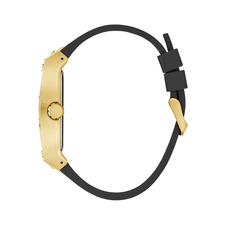 Gold and black chronograph watch with fabric-textured strap and three subdials, Unisex design