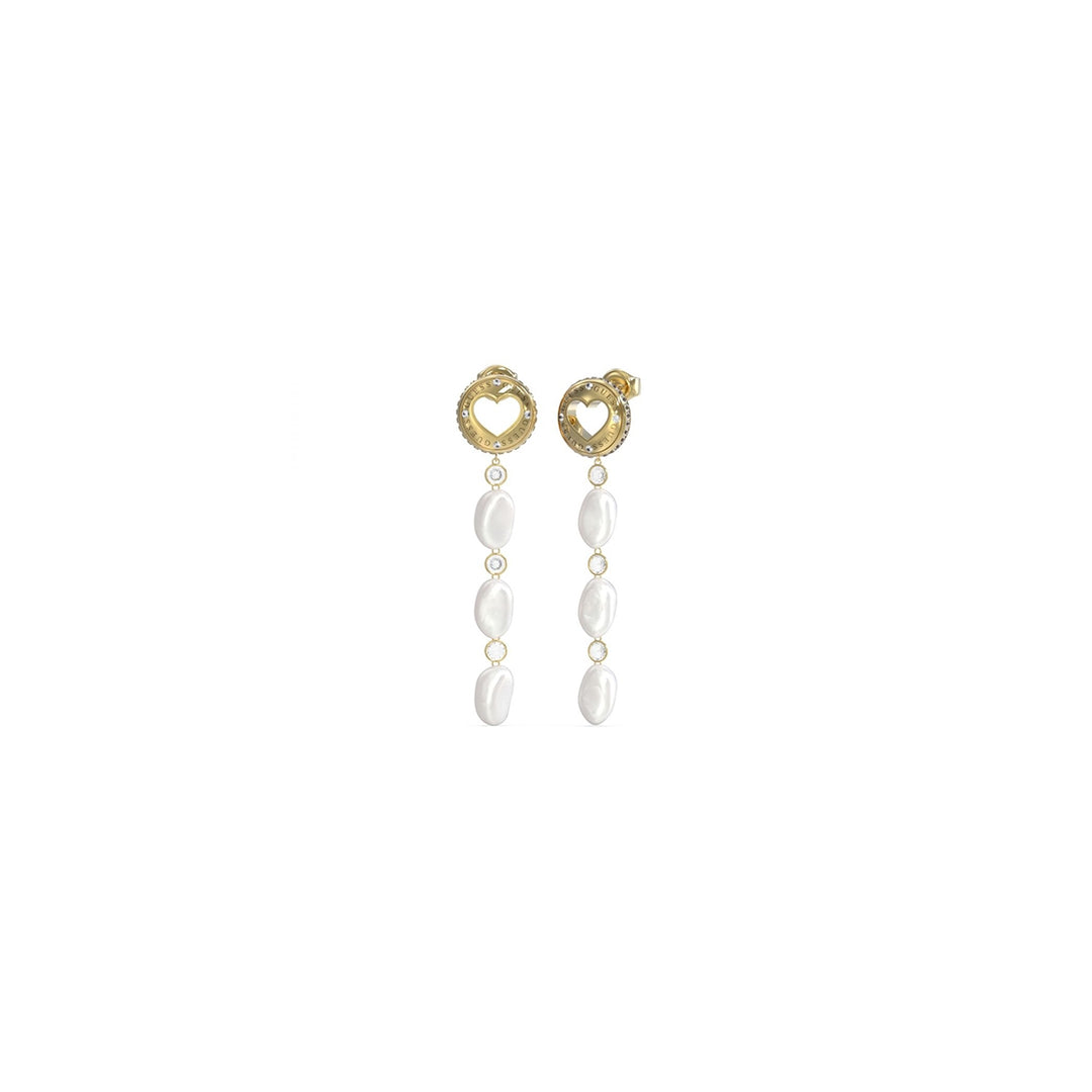 Gold-tone drop earrings with heart cutout, pavé crystals and dangling white pearls against white background