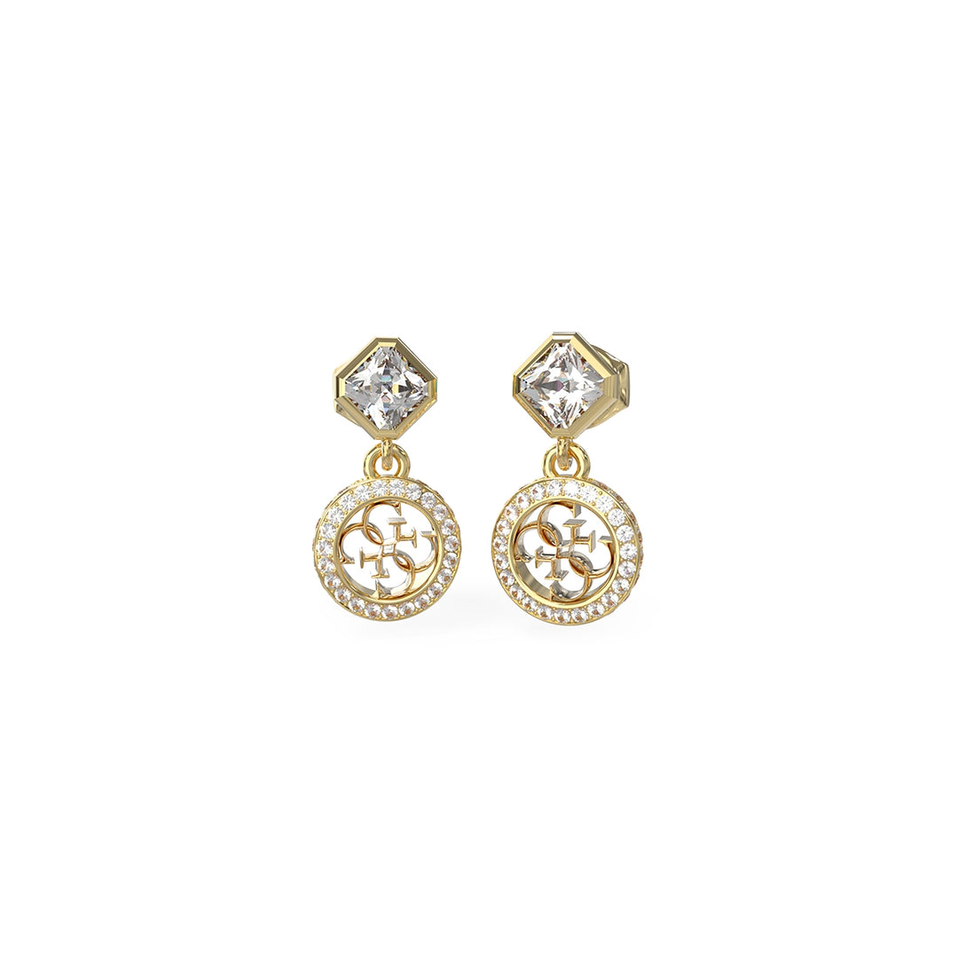 Gold stud earrings with square top stone and pavé circular drop featuring interlocking letters
