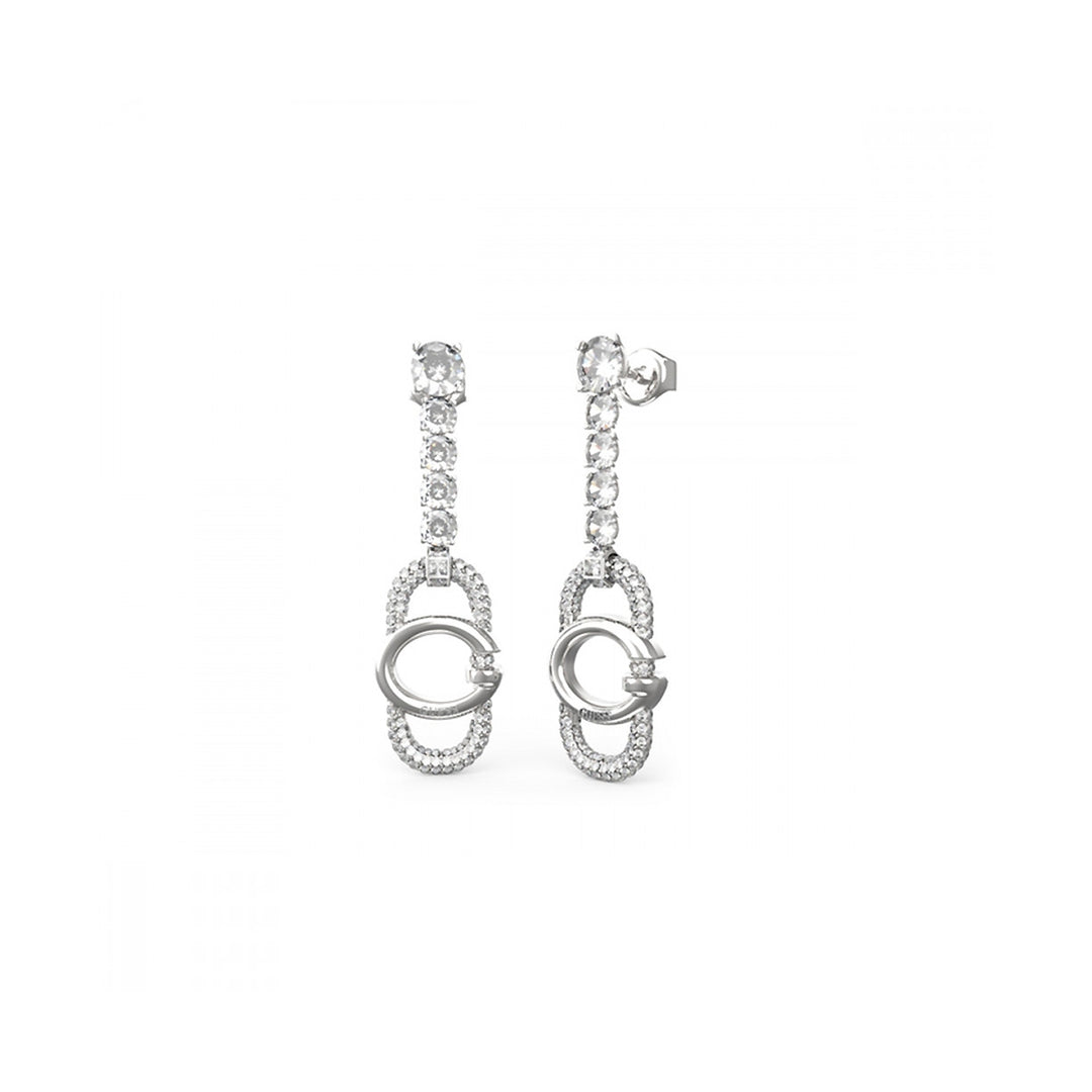 Silver drop earrings for Women with interlocking oval shapes studded with clear stones, dangling design