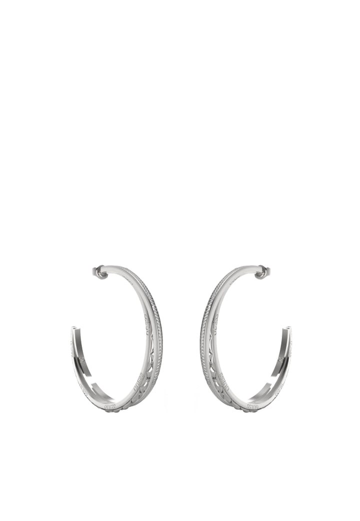 Pair of silver-tone textured hoop earrings with engraved pattern and hinge closure, modern design for Women
