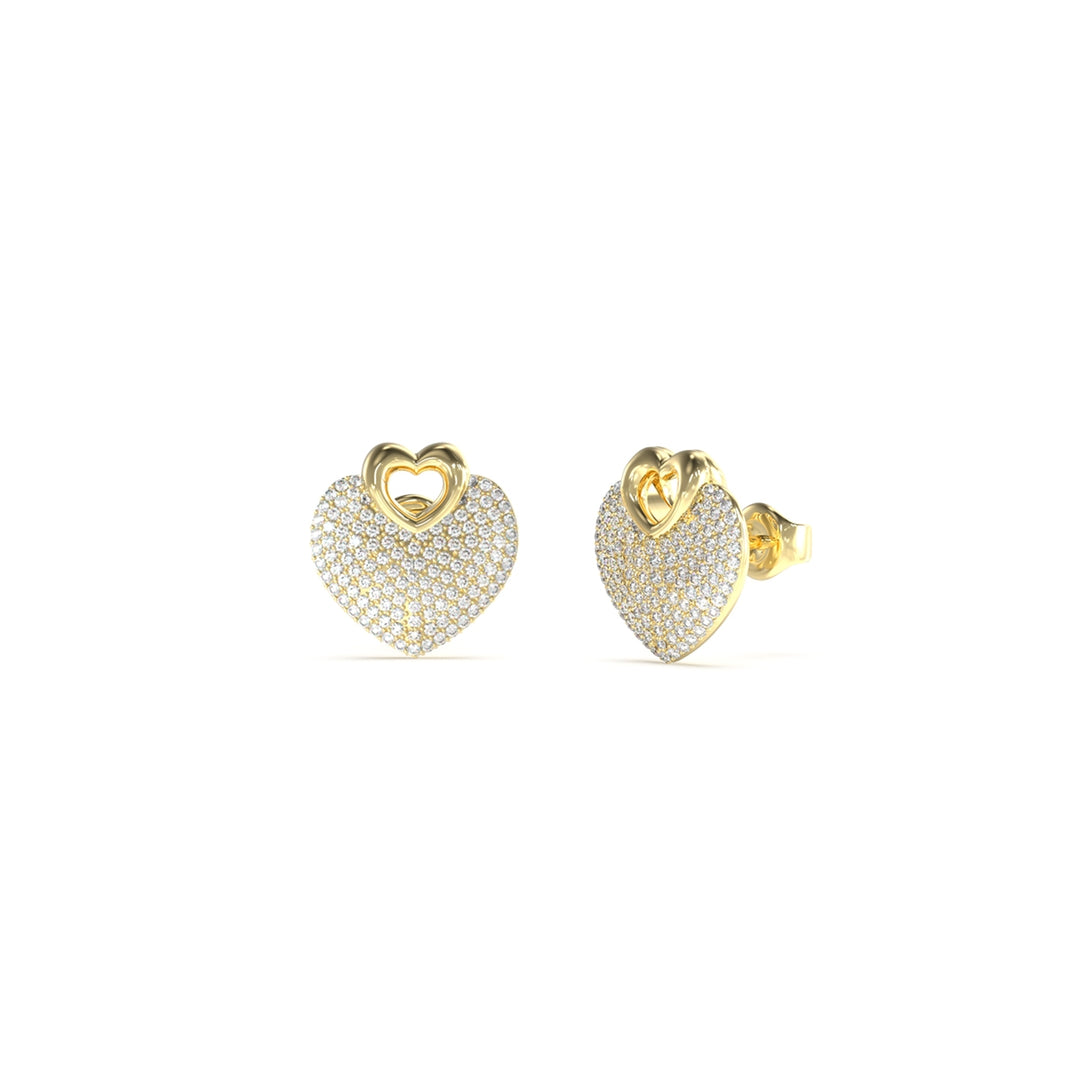 Gold heart-shaped stud earrings pavé-set with small white stones on white background