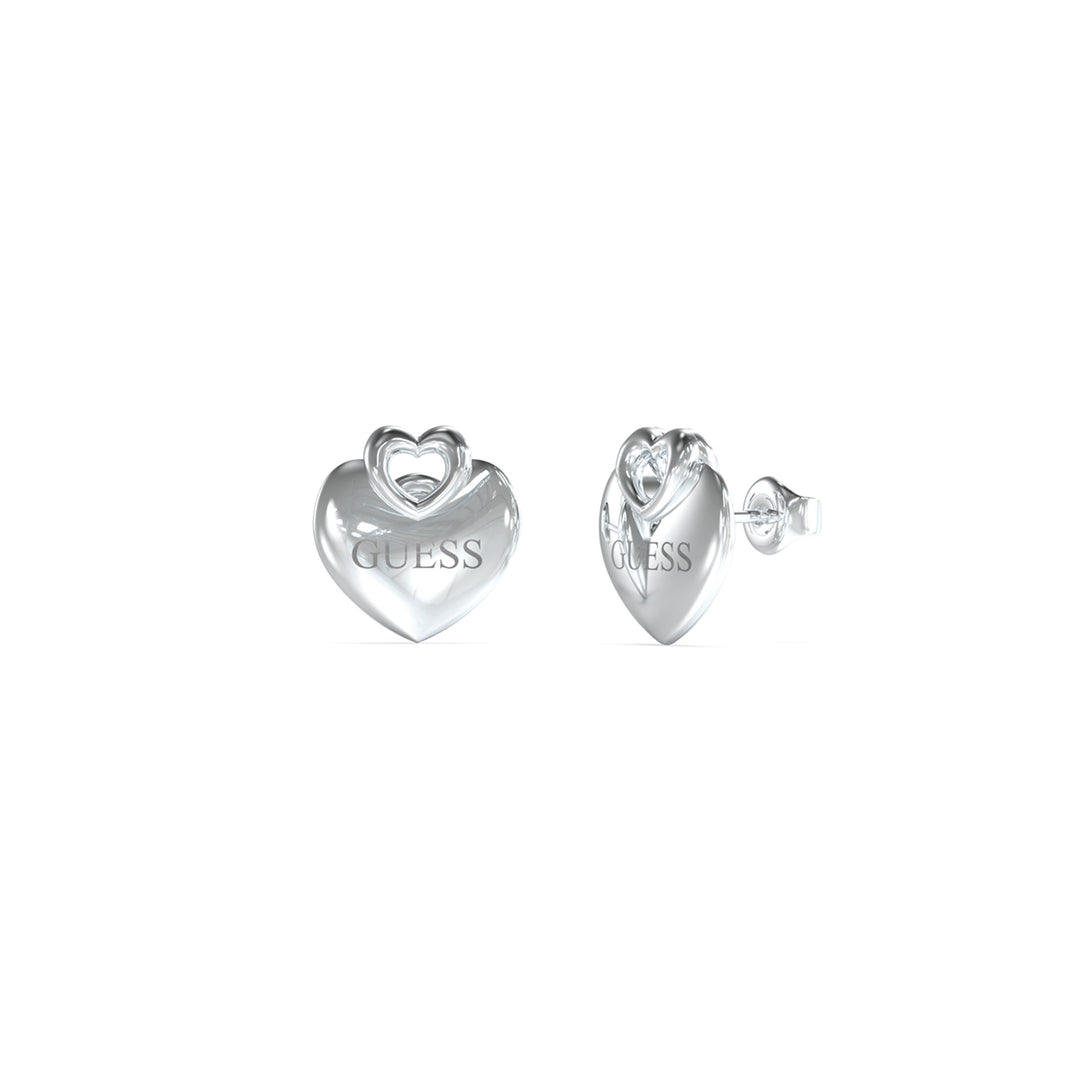 Pair of polished silver double-heart stud earrings on white background, modern minimalist design