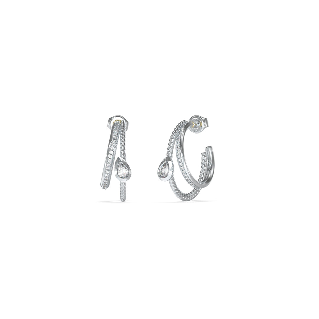 Silver twisted rope hoop earrings with pavé-set small stones and teardrop clear stone dangles, modern elegant design