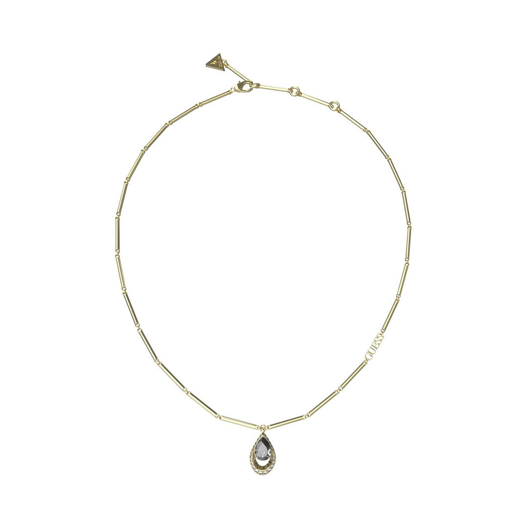 Gold pendant necklace with teardrop dark stone, crystal halo, chain links and GUESS logo charm