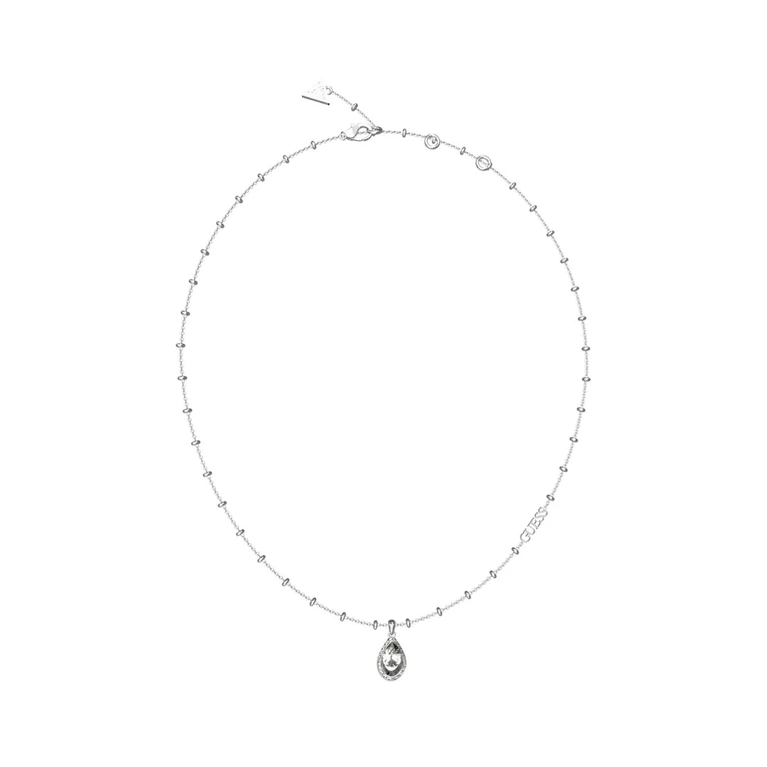 Delicate silver necklace with oval-link chain and teardrop pendant featuring a clear stone on white background