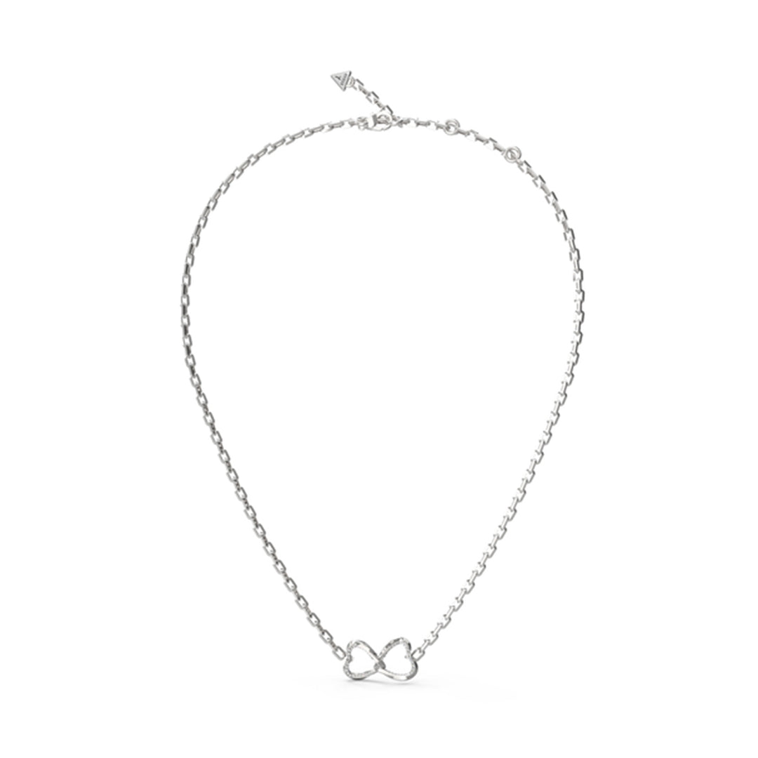 Silver pendant necklace on fine chain featuring an infinity symbol entwined with two small hearts