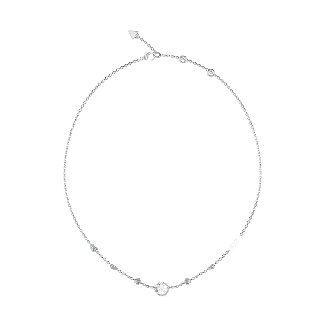 Delicate silver pendant necklace on fine chain with small circular clear stone and extension clasp