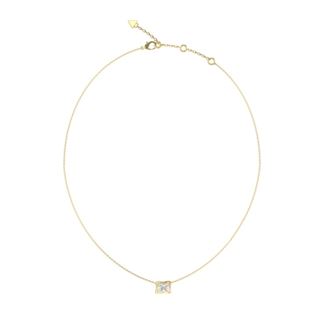 Gold chain necklace with square gemstone pendant and small triangle charm at adjustable clasp on neutral background