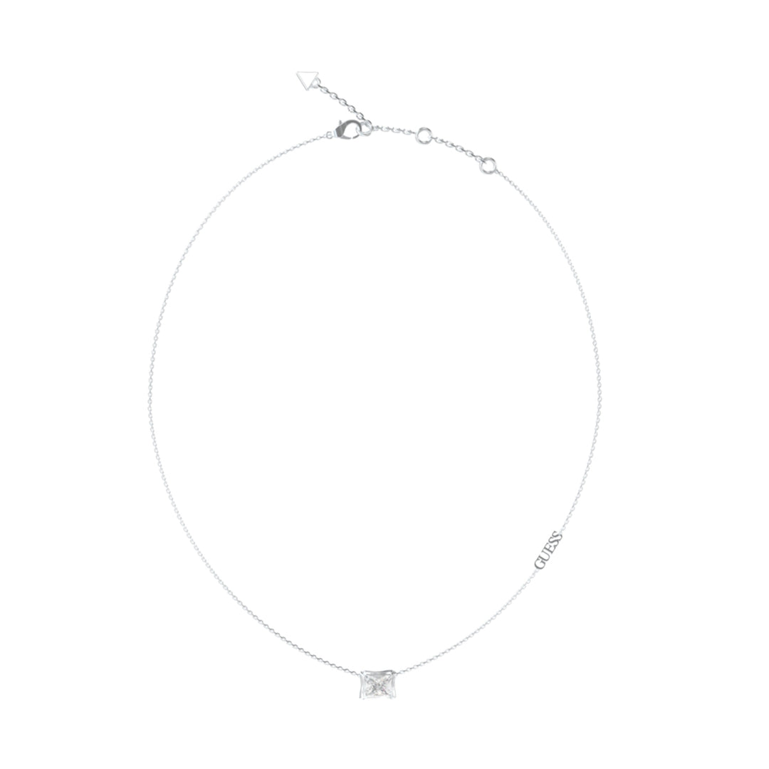 Minimalist silver pendant necklace: thin chain, polished square pendant, adjustable clasp, triangular charm at end