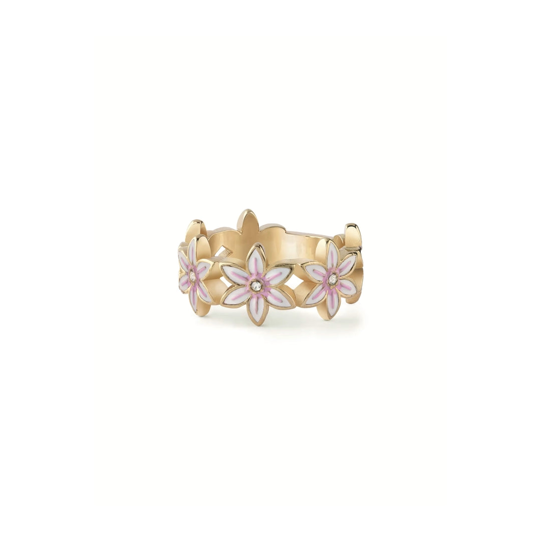 Gold floral ring with layered petals and a pink gemstone center on a slim band, polished and textured finishes