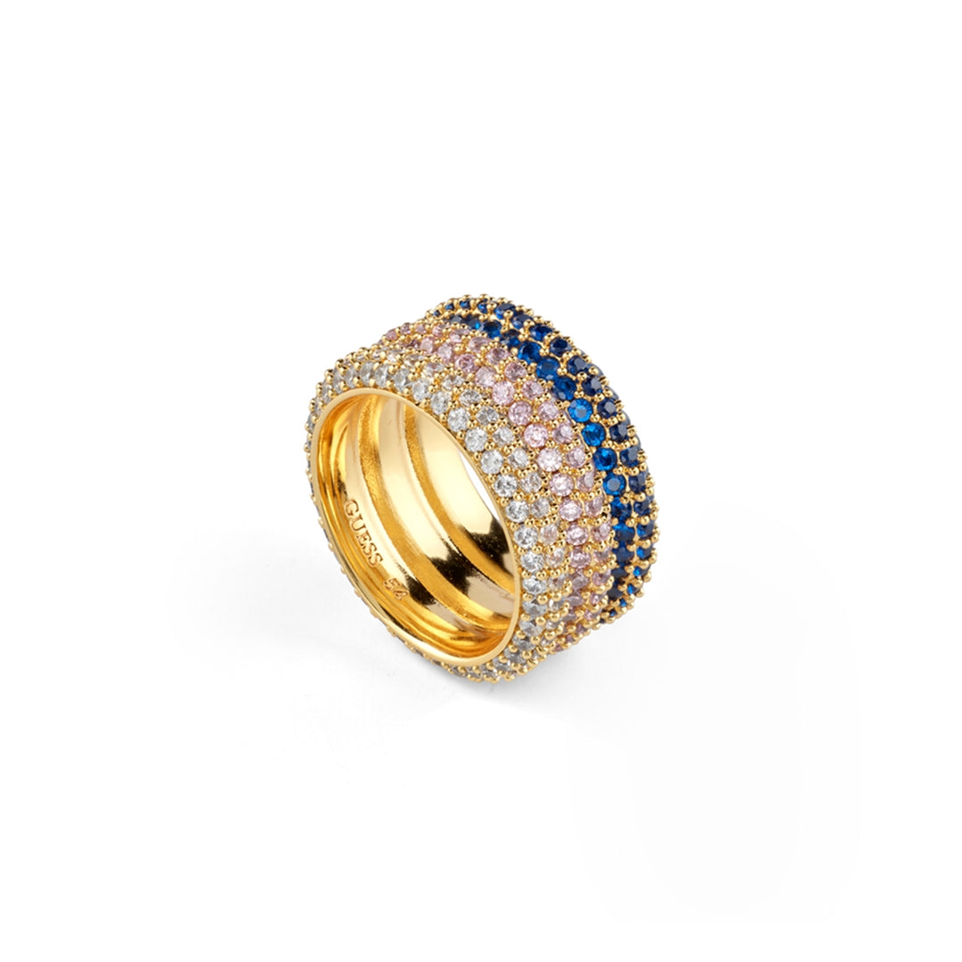 Wide gold-tone ring with multiple pavé rows of blue, pink and white gemstones, textured surface