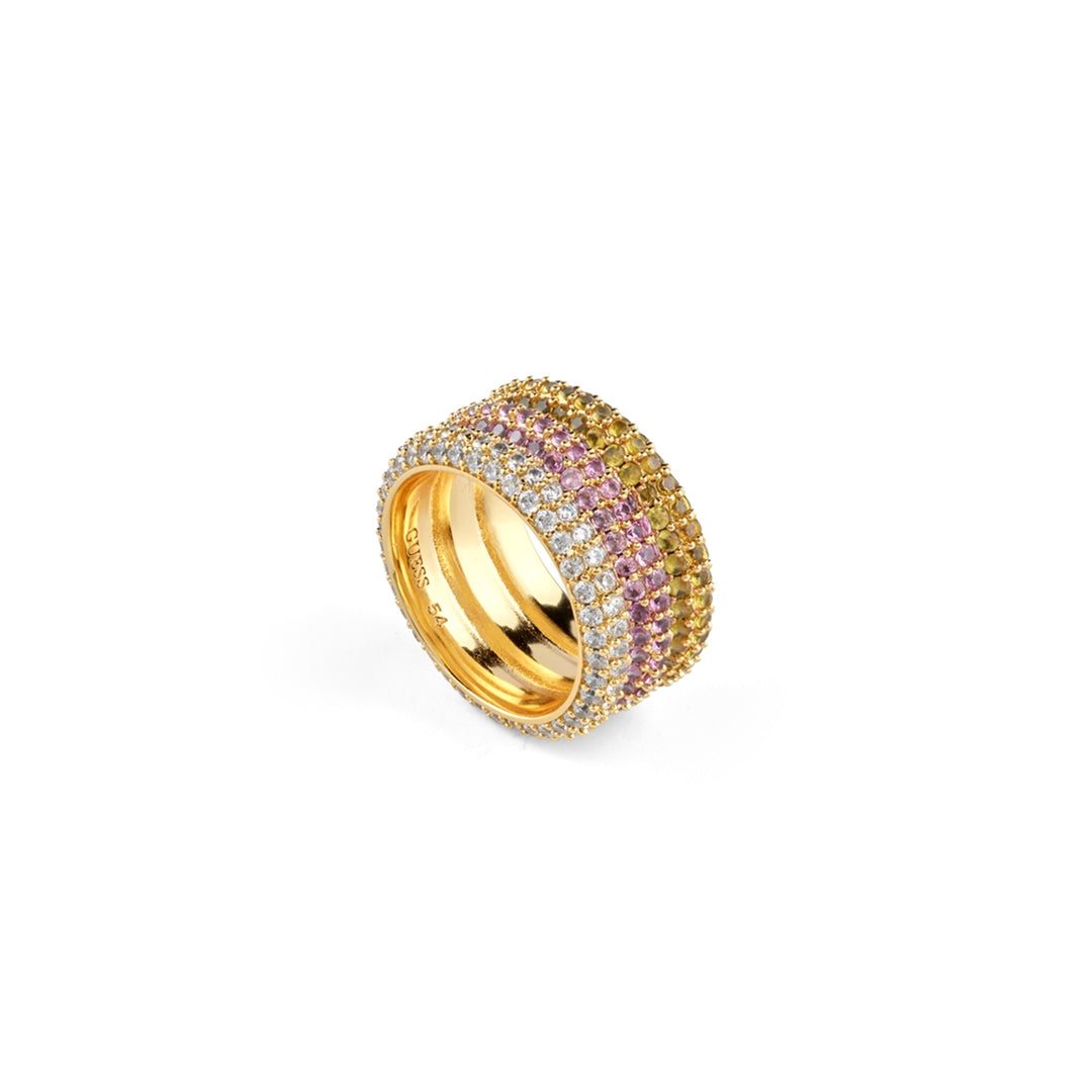 Gold multi-row decorative ring for Women with pink and white gemstones and glossy finish