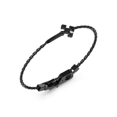 Black metal chain bracelet with industrial links and secure clasp on neutral background