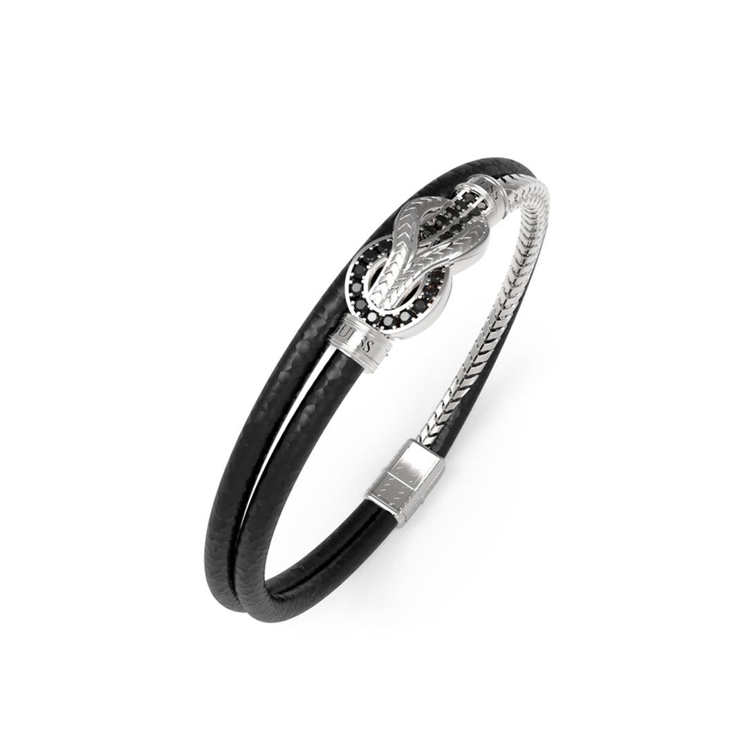 Black textured double-band bracelet with silver metal clasp and black decorative stones on wrist