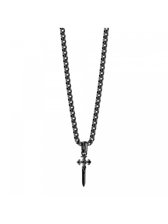 Black-plated box chain necklace with sculpted cross pendant laid on dark background, heavy substantial look
