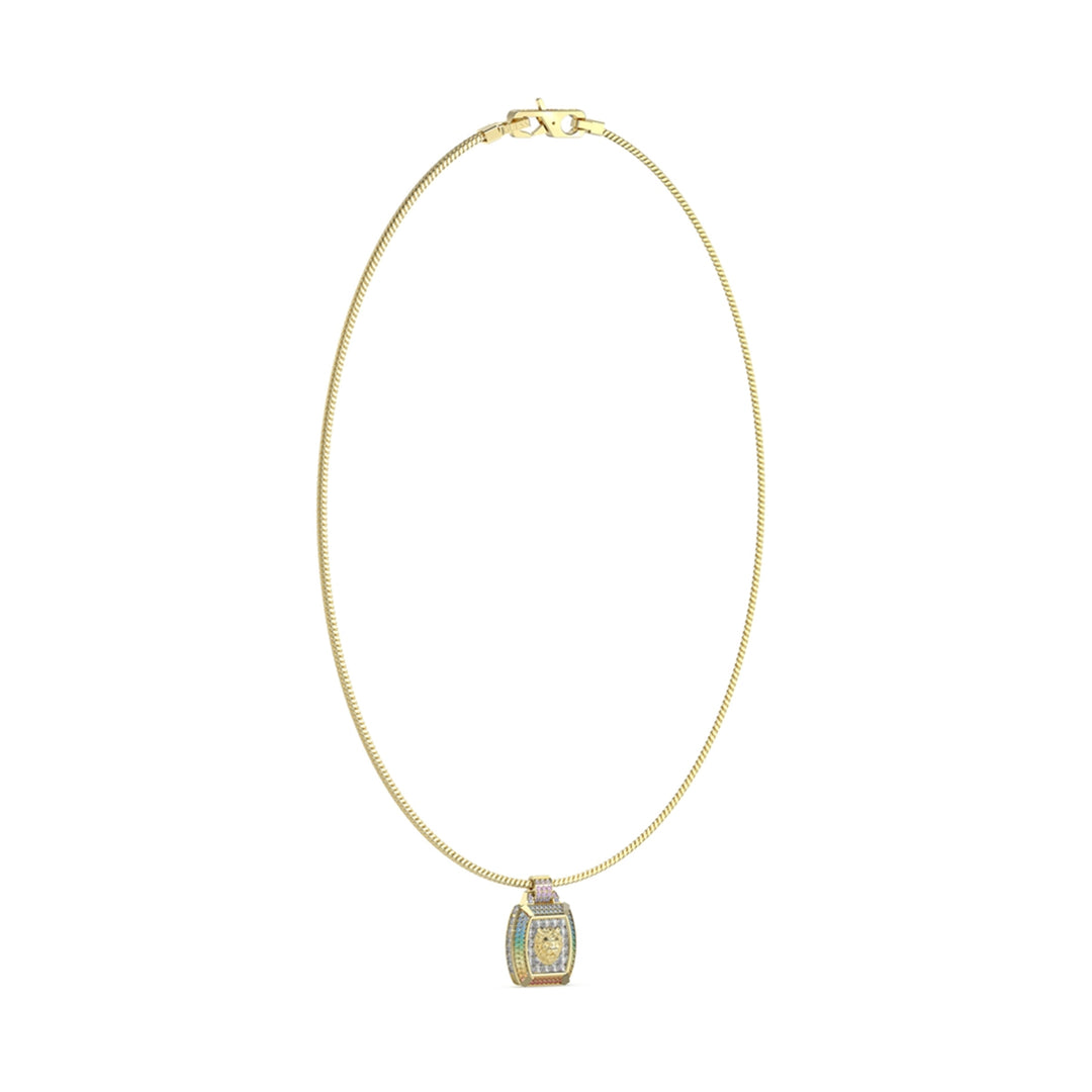 Gold lion head pendant on medium chain with multicolor accents, shown against neutral background