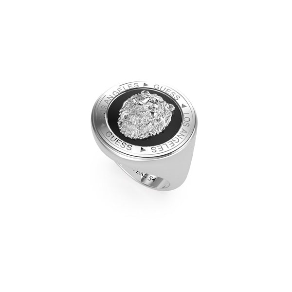 Silver signet ring for Man with raised lion head emblem and engraved text around top on polished metal