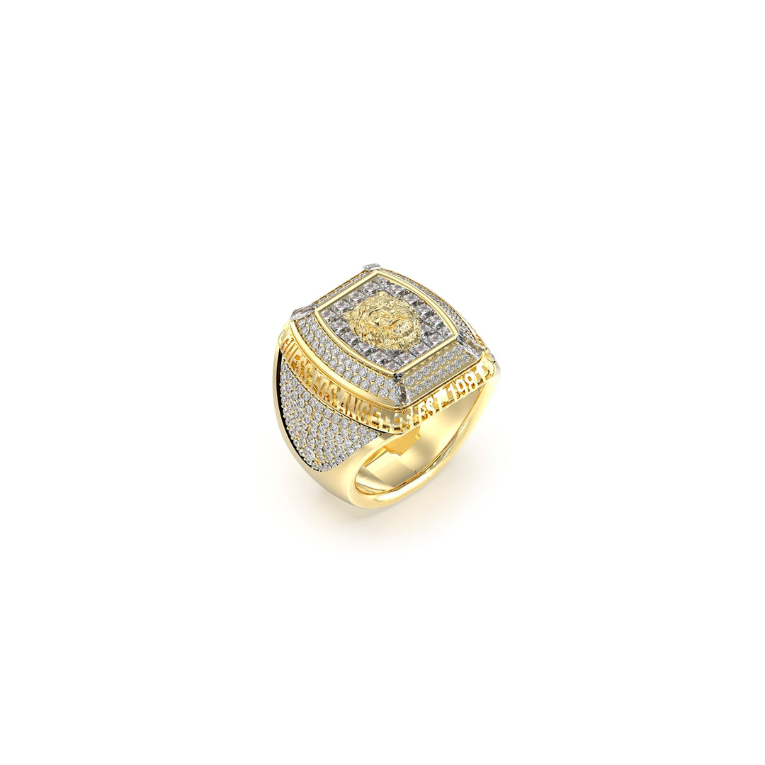 Gold and silver mixed-metal signet ring featuring a detailed lion head, engraved text and small set stones on a Man's hand.