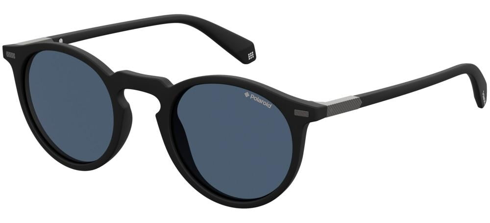 Black round sunglasses with dark blue polarized lenses and textured metal temple accents, unisex