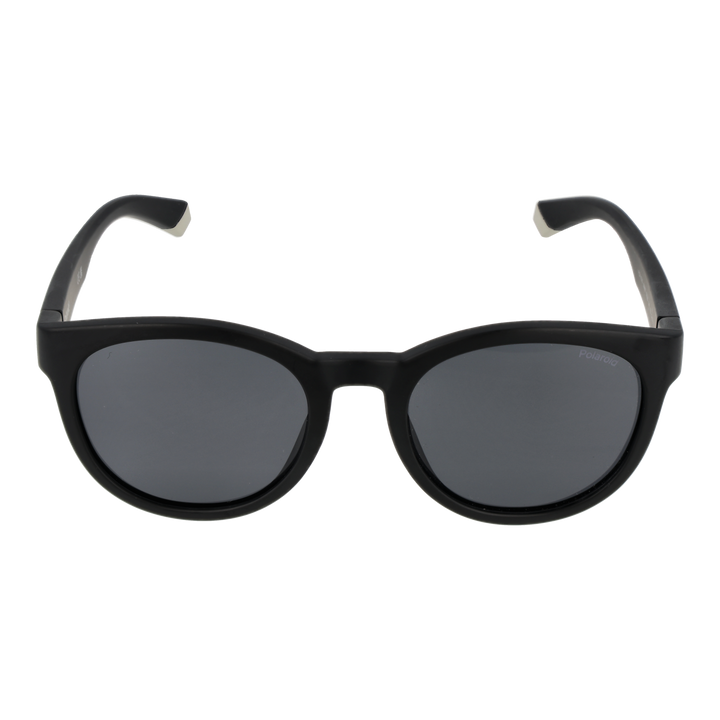 Black Unisex round sunglasses in plastic frame with polarized lenses and silver temple stripes, angled view showing logo