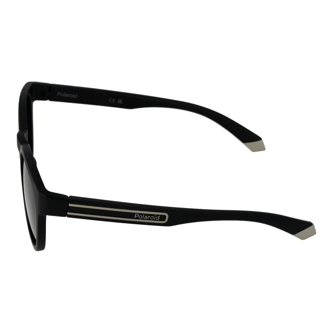 Black Unisex round sunglasses in plastic frame with polarized lenses and silver temple stripes, angled view showing logo