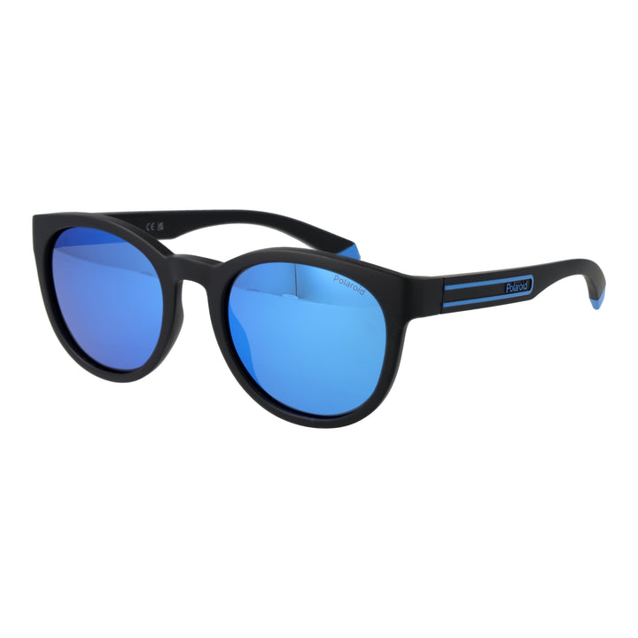 Black round sunglasses with blue polarized lenses and two blue stripes on the arms, Unisex casual style