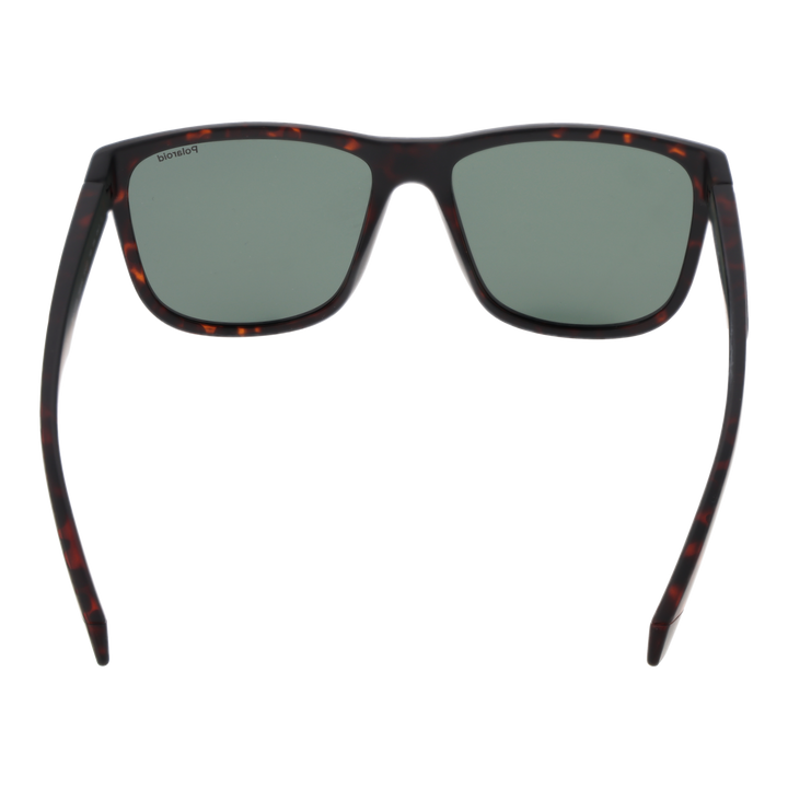 Tortoiseshell rectangular sunglasses in plastic frame with dark green polarized lenses, temple logo visible