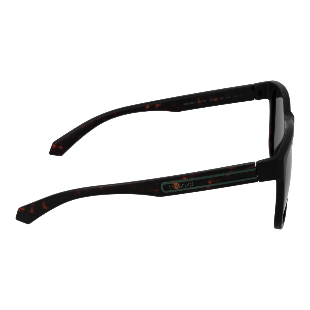 Tortoiseshell rectangular sunglasses in plastic frame with dark green polarized lenses, temple logo visible